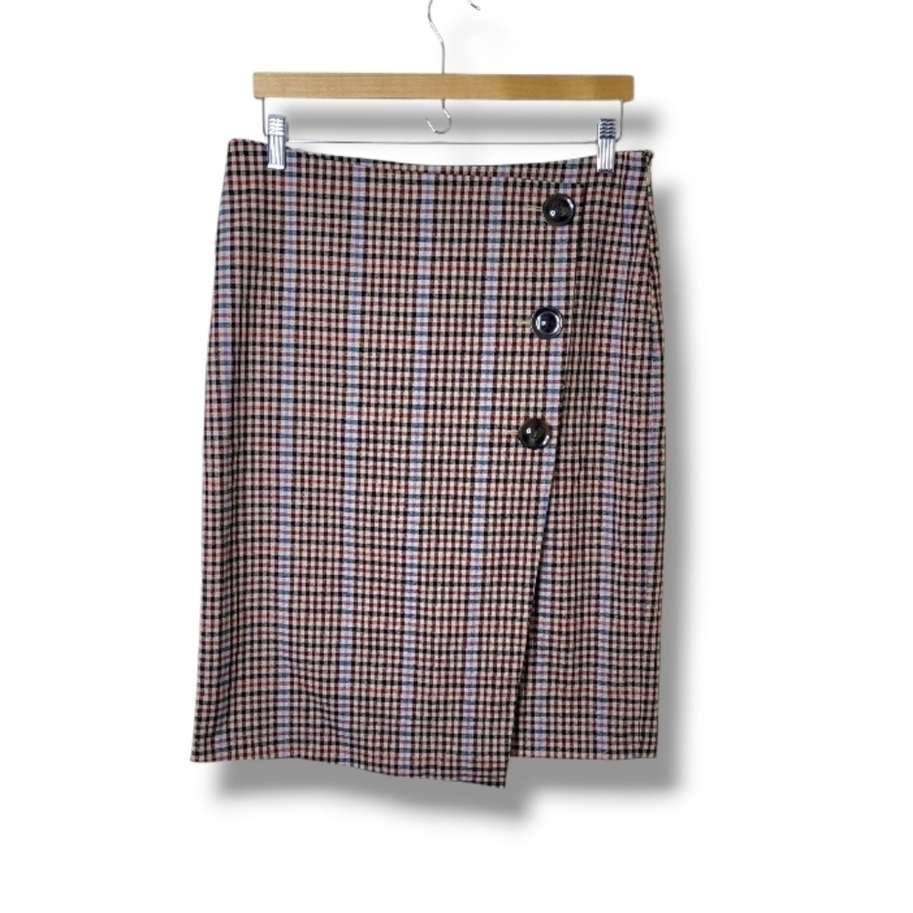 Ann Taylor Plaid Wrap Skirt Button Side Career Stretch Size 10P